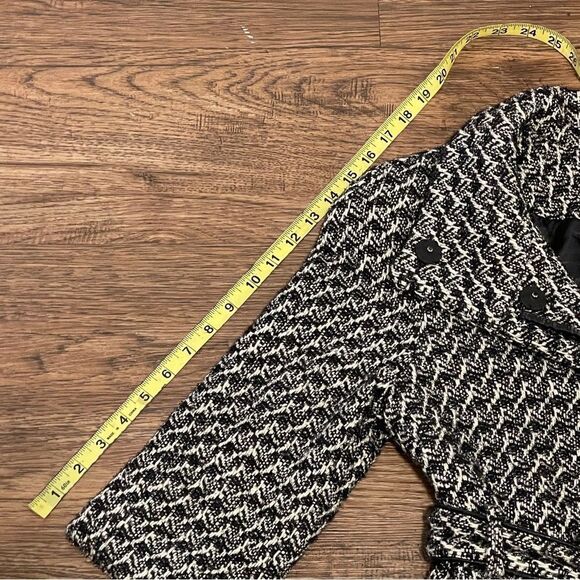 Bebe Wool Blend Belted Coat Snap Buttons Black White Metallic Silver Threads Sm - Picture 14 of 17